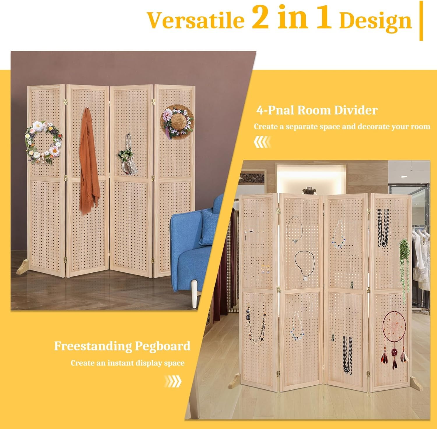 Bonnlo 4 Panel Pegboard Freestanding, 5 FT Portable Display Board Organizer for Craft Show Jewelry, Wooden Folding Privacy Screen Room Divider (with Base, Natural)