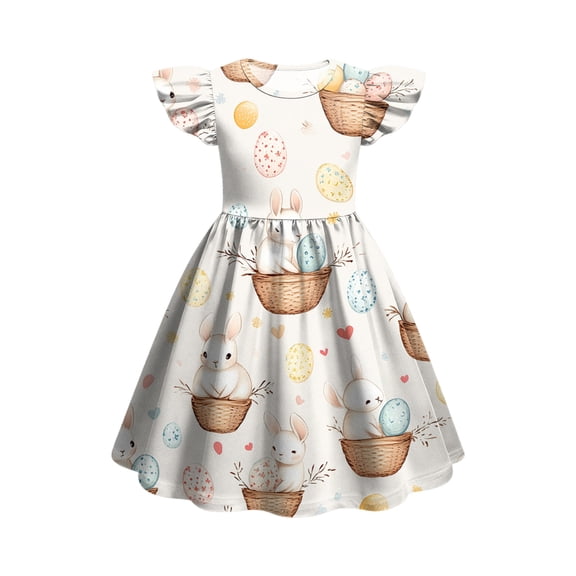 YOUYEDIAN Easter Midi Dresses for Girls Teen Summer Cute Flutter Sleeve Princess Dress Crewneck Buuny Rabbit Graphic Dress (Beige, 4-5 Years)