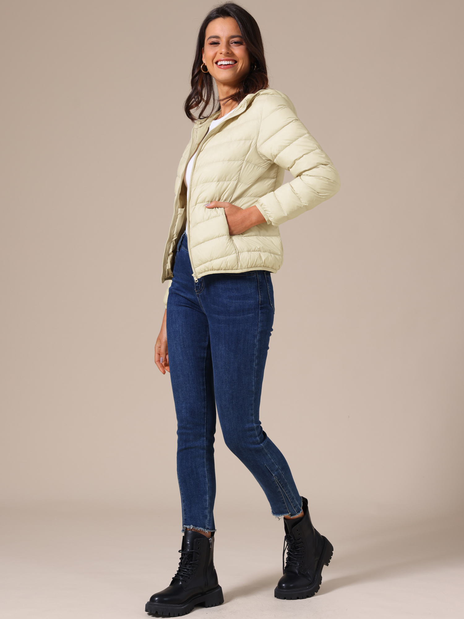 DARING DIVA Women's Hooded Packable Puffer Jacket XL Apricot White