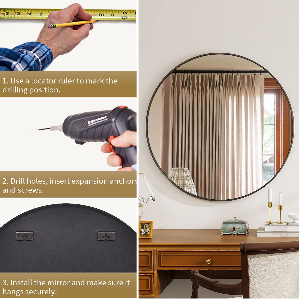 Easy4Home 36 Inch Round Wall Mirror Aluminum Alloy Framed Circle Bathroom Mirror Wall Mounted, Black