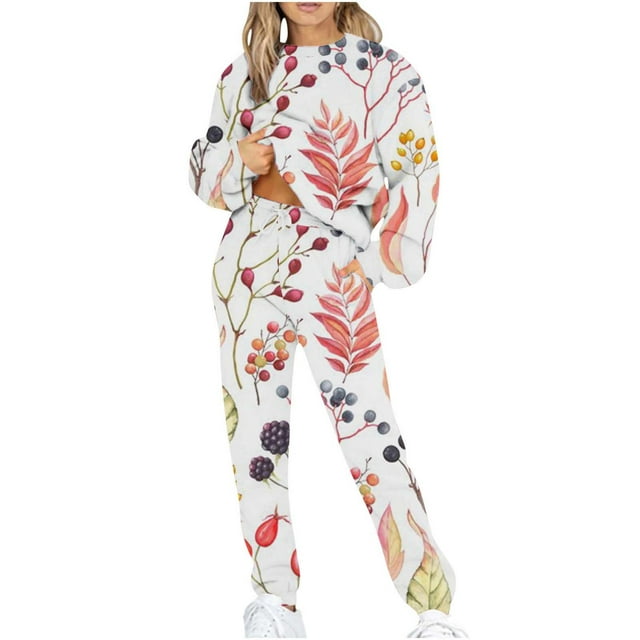 IROINNID Survêtement pour Femmes Ensemble 2 Pcs en Velours Décontracté Imprimé Manches Longues Col Rond Chandail en Molleton Haut + Pantalon Ensemble Jogging, Blanc