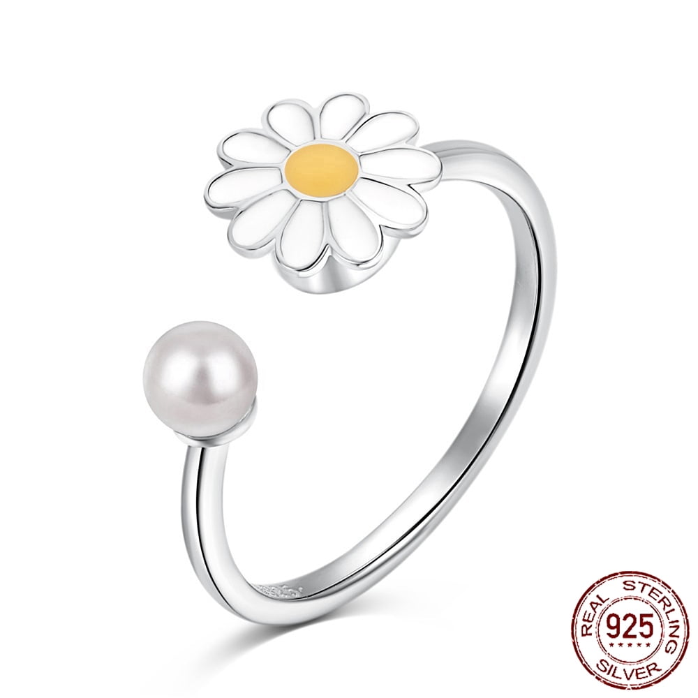 Rhodium Plated 925 Sterling Silver Open Finger Rings with Enamel & 925 Stamp for Women Daisy Flower Anxiety Worry Fidget Spinner Ring Real Platinum Plated 1.6mm Size 7(17.3mm)