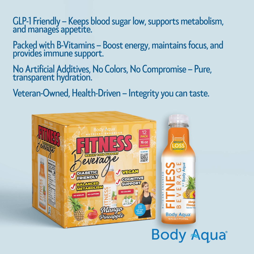 Body Aqua Fitness Beverage Watermelon Peach Mango Pineapple Flavor No Sugar Added Caffeine-Free 12 Pack 16 fl oz