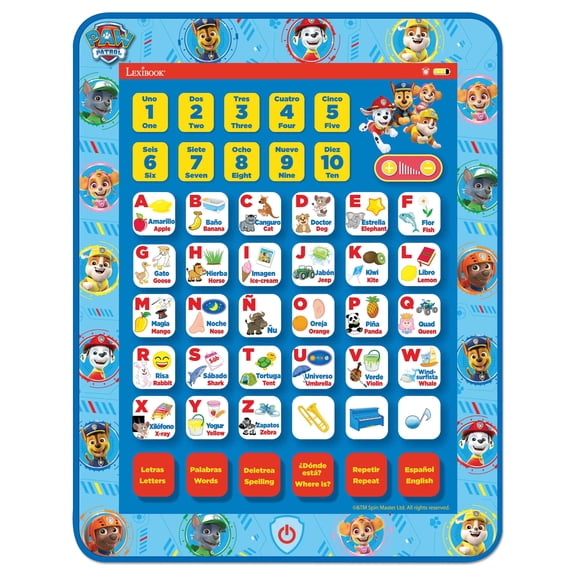 Lexibook Paw Patrol, Educational Bilingual Interactive Learning Tablet, toy to learn alphabet, letters, numbers, words, spelling and music, English / Spanish languages