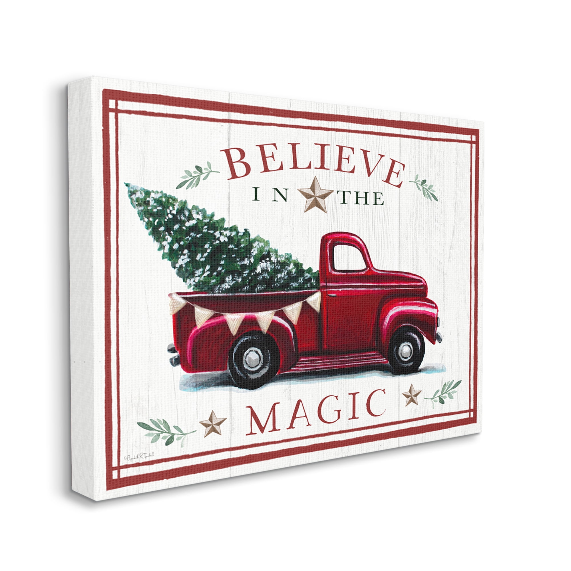Believe In Magic Red Vintage Truck Country Holiday Tree Transportation Graphic Art Gallery-Wrapped Canvas Print Wall Art