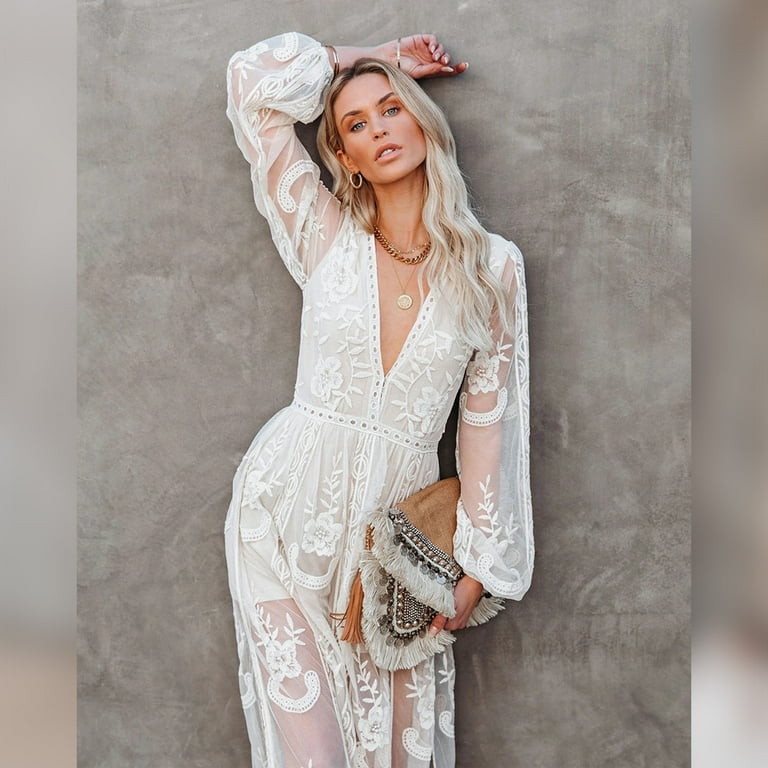 catania lace mesh embroidered bohemian maxi dress v neck IDOPIP Women's Casual Boho Floral Lace V-Neck Dress Embroidery Cocktail Maxi  Dress Wedding Evening