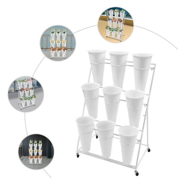 DENEST Modern 3-tier White Flower Holder Flower Display Stand Iron with 9 Pieces Bucket