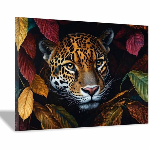 Mudket Framed Leopard in Autumn Leaves Canvas Wall Art, Bold Jungle Animal Print Wall Decor for Living Room, Wild Cheetah Poster Ready to Hang - 12"L x 8"W