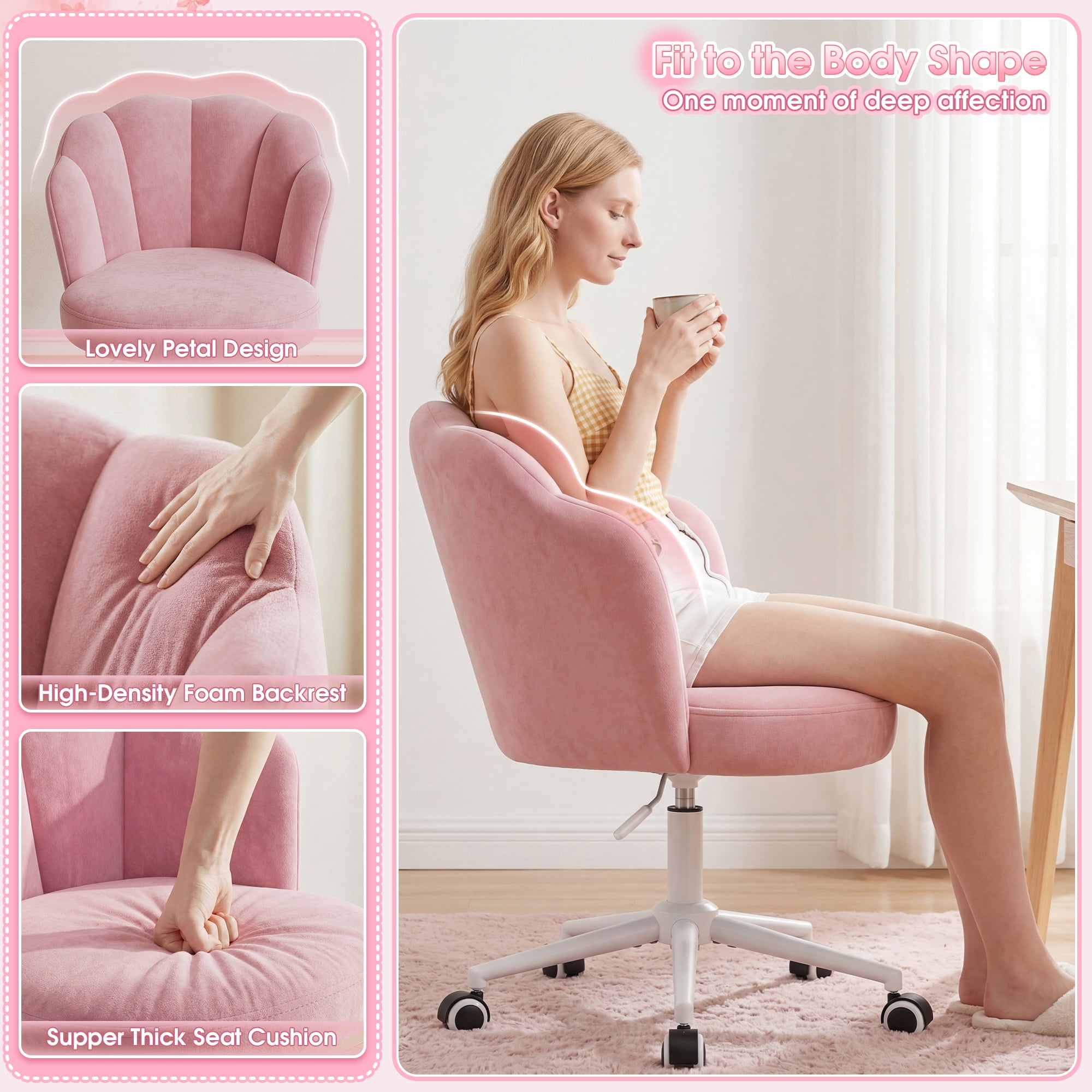 Romorgniz Velvet Vanity Chair with Petal Backrest Height Adjustable Desk Chair with Wheels Seashell Makeup Chair for Bedroom, Pink