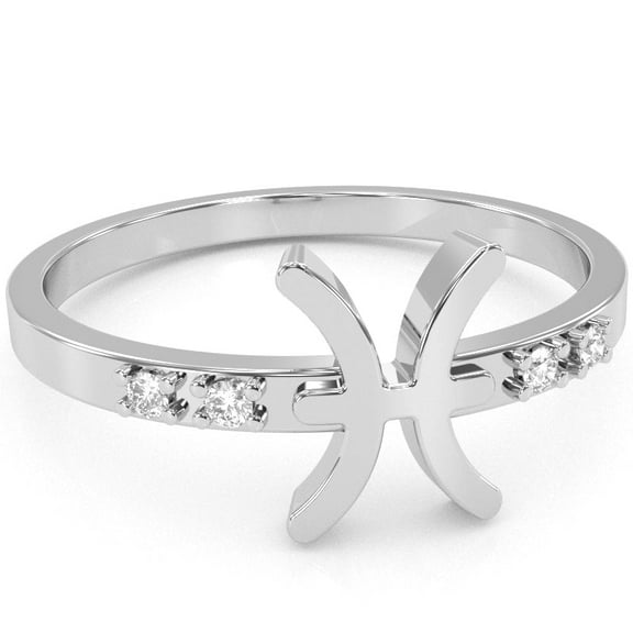 Pisces Zodiac Sign Diamond Ring In Solid 14k White Gold