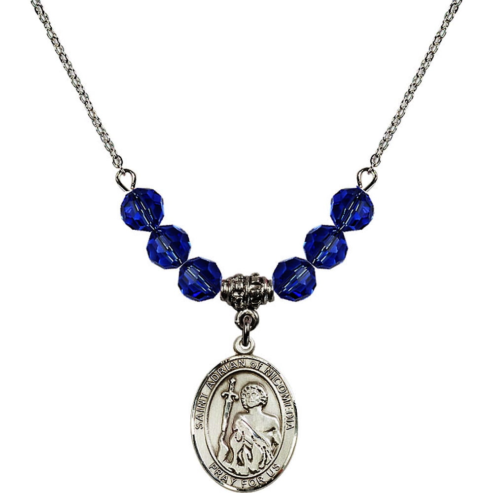 18-Inch Rhodium Plated Necklace with 6mm Emerald Birthstone Beads and Sterling Silver Saint Adrian of Nicomedia Charm.