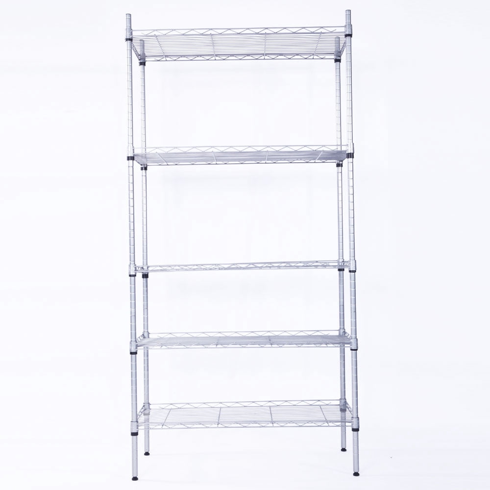 5 Shelf Storage Rack Rectangle Carbon Steel Metal Assembly, Silver Gray