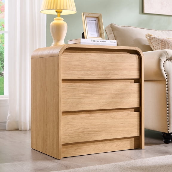 Aitjunz Modern Nightstand with Charging Station, 3 Drawer Wood Bedside Table w/Curved Profile Design for Bedroom