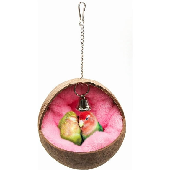 Natural Coconut Bird Nest, Parrot Hut House Bed with Warm Mat Resting Breeding Place for Budgerigar, Parakeet, Cockatiel, Love Birds, Finches