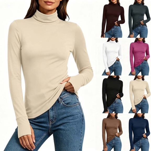 Tqcoqu Womens Solid Turtleneck Long Sleeve Thumb Hole Stretchy Fitted Layering Basic T Shirt Top, Women's ,Size S-2XL