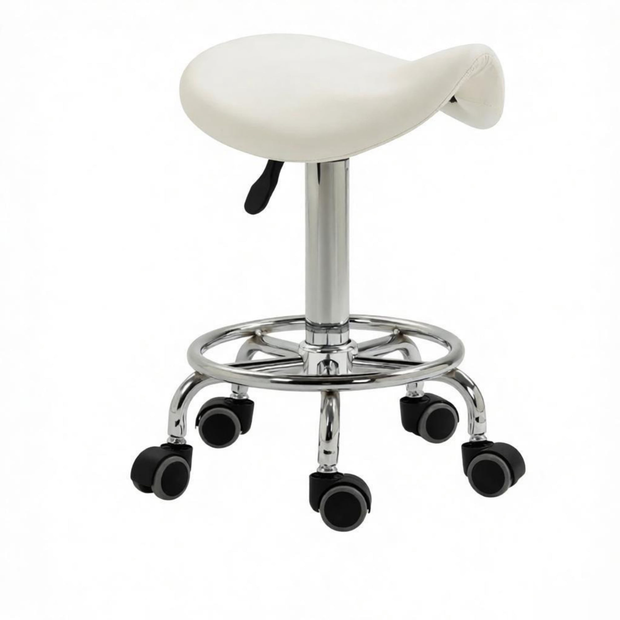 PU Leather Saddle Rolling Stool, Adjustable Height with Wheels for Massage, Spa, Beauty Tattoo, White