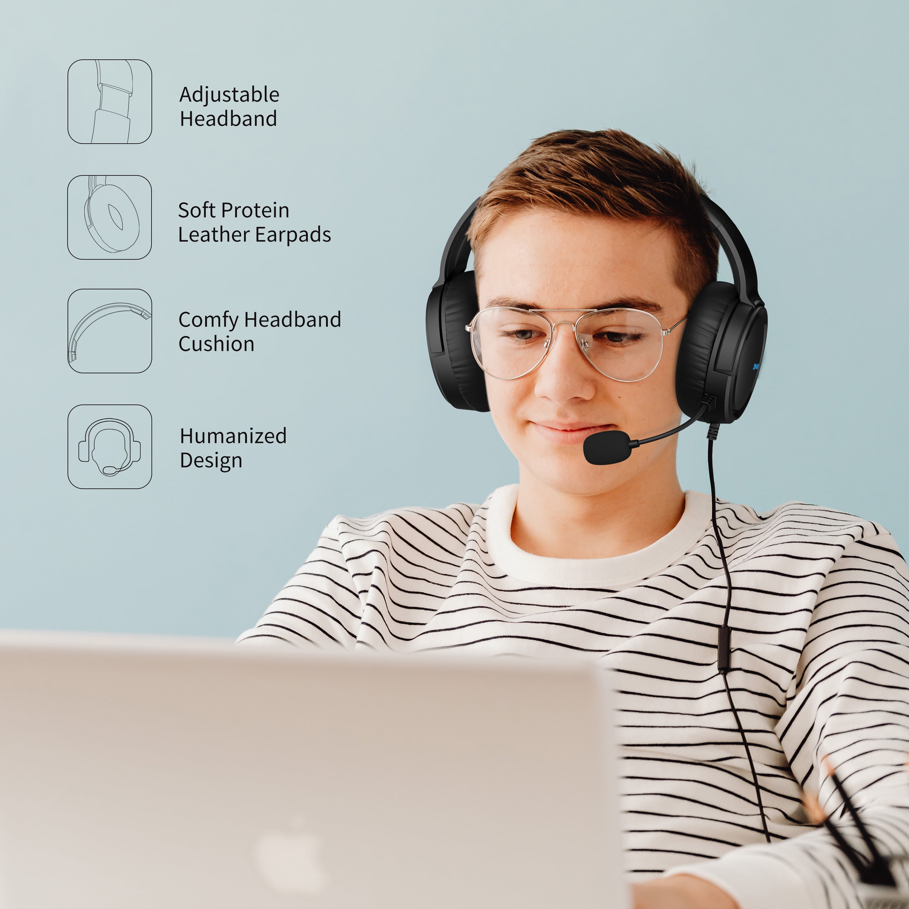 BINNUNE Wired Headset with Mic, 3.5mm Connector for School Kids Adults | Cord PC Video Gaming Headphone with Volume Control for Computer Laptop PS4 Playstation 5 Nintendo Switch, Blue