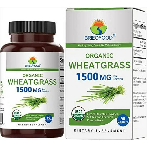 Brieofood Organic Wheatgrass 1500mg, 45 Servings, 90 Vegetarian Tablets, Vegetarian, Gluten Free