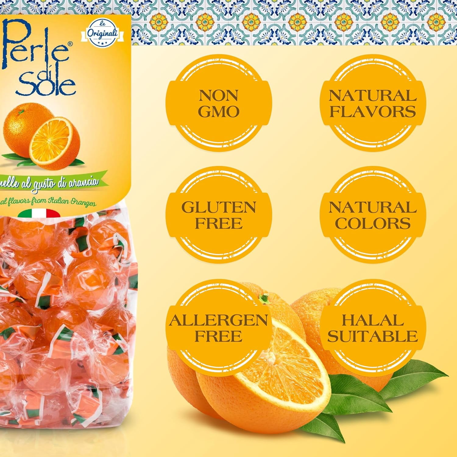 Perle di Sole Italian Orange Hard Candy Made in Italy, Bulk Case Pack of 12 (7.05 oz) Bags - Italian Hard Candy Individually Wrapped - Orange Candies-Citrus Drops-Italian Gifts Imported From Italy