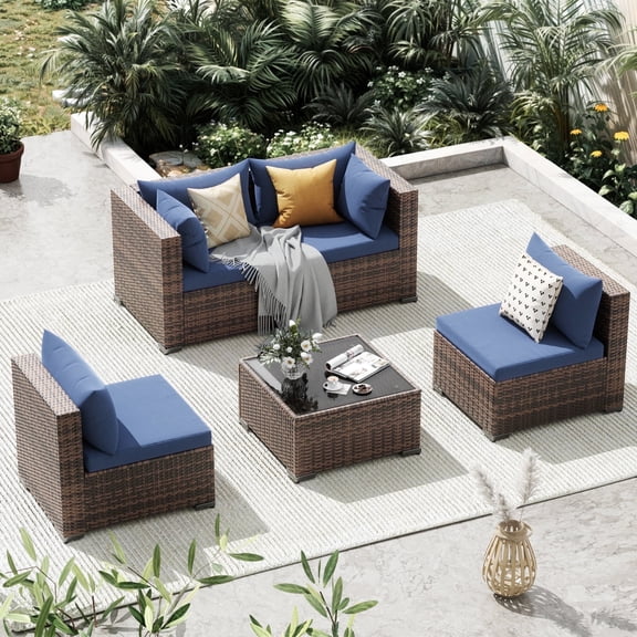 Techmilly Patio Furniture Sets, Modular Rattan Outdoor Patio Sectional Furniture Sofa Set, Wicker Patio Conversation Set for Backyard,5PCS