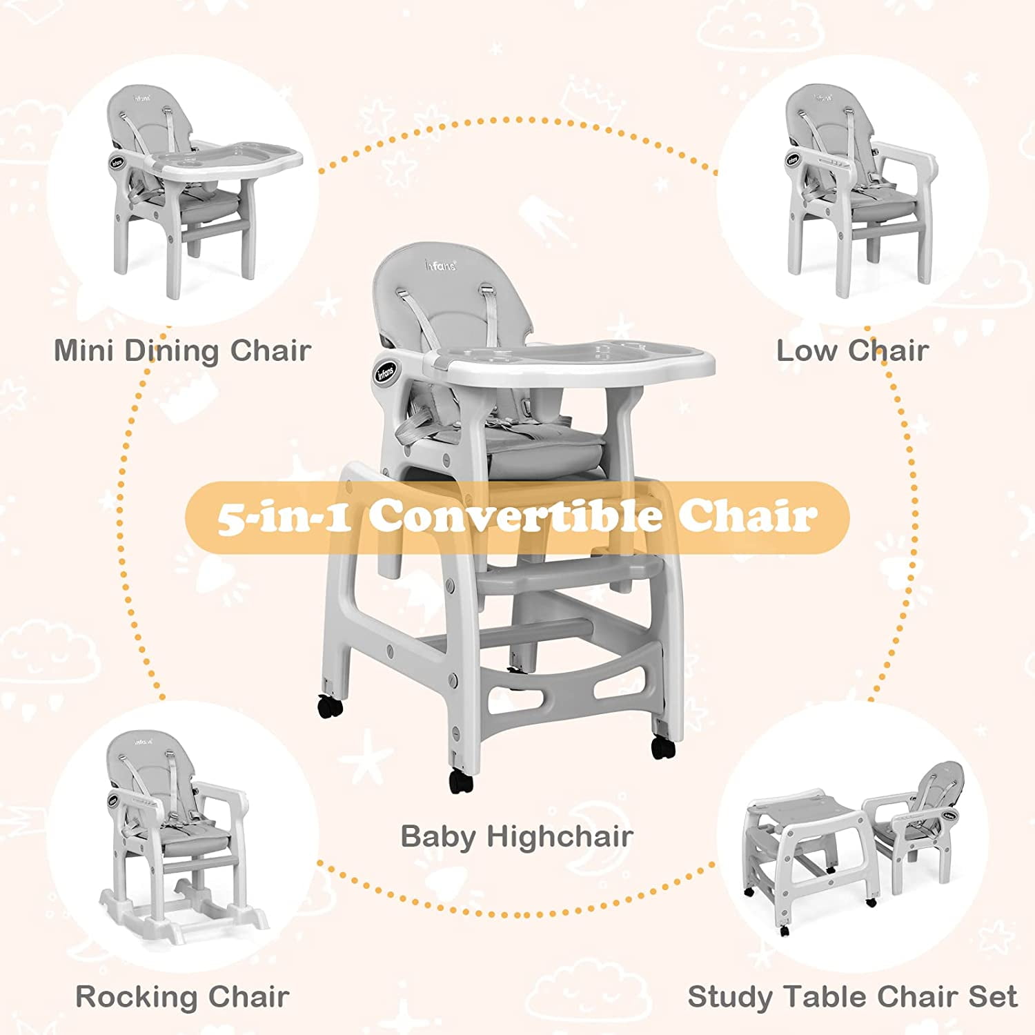 INFANS 5 in 1 Baby High Chair, Convertible Toddler Table Chair Set, Rocking Chair, Multi-Function Seat with Lockable Universal Wheels, Adjustable Seat Back, Removable Trays