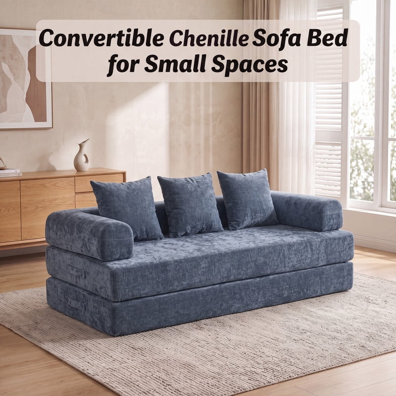 Gewnee 79 Boneless Sofa, Convertible Sofa Bed, Futon Floor Sleeper Sofa Bed with Pillows for Living Room Bedroom, No Assembly Required, Chenille, Blue