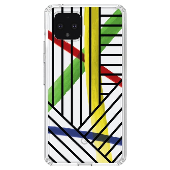 DistinctInk Clear Shockproof Hybrid Case for Google Pixel 4 (5.7" Screen) - TPU Bumper, Acrylic Back, Tempered Glass Screen Protector - Abstract Lines and Paint Swatches