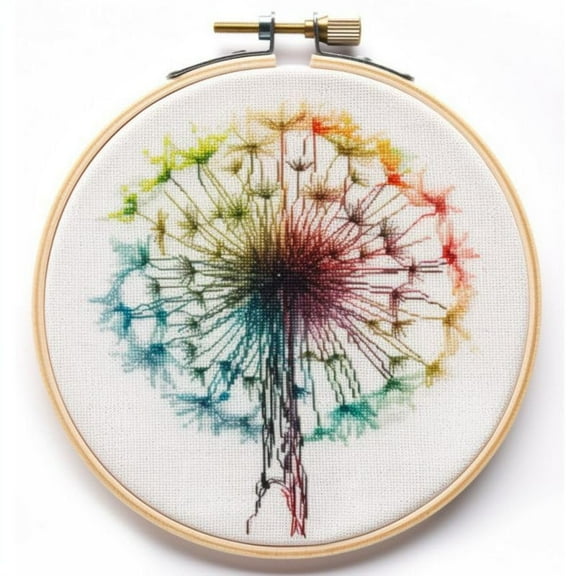 Generic Counted Easy Cross Stitch Kits Dandelions Color Stamped Embroidery for Starter Kits DIY 11CT Stamped Patterns Embroidery Needlework Kit Supplies 12 Inch Hoop Included(36-A)