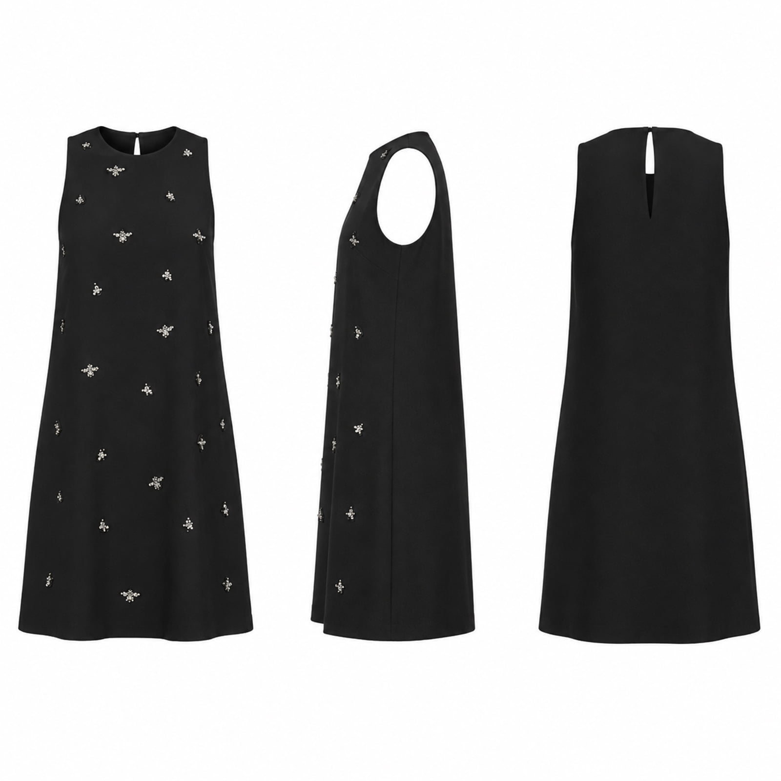 Alvantor Women's Sleeveless Mini Dress, Embellished Crew Neck A-Line Style with Keyhole Back, Black