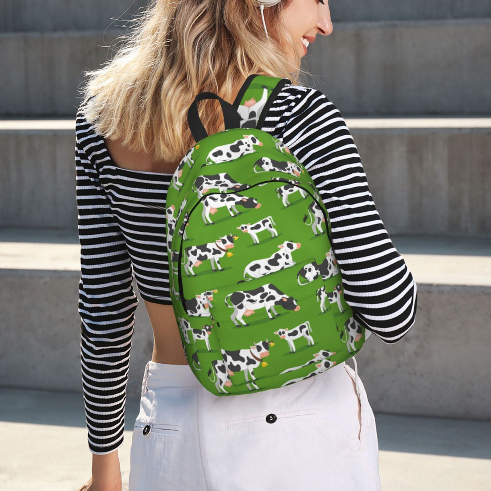 Vsdgher Cows With Calfs Green Print Canvas Backpack Travel Rucksack Unisex Knapsack 15.7/17.7Inch Laptop Backpack for Work,College -Medium