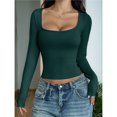 thumbnail image 4 of Camisas de Larga para Mujer, Tops Cortos, Cuello Cuadrado, Camisetas Básicas para Salir, Ropa de Invierno Y2K 2025 Verde Oscuro S, 4 of 7
