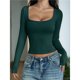 thumbnail image 4 of Camisas de Larga para Mujer, Tops Cortos, Cuello Cuadrado, Camisetas Básicas para Salir, Ropa de Invierno Y2K 2025 Verde Oscuro S, 4 of 7