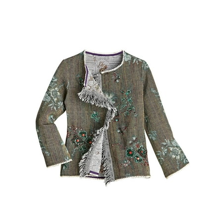 - Catalog Classics Women's Fringed Open Front Jacket - Taupe, Floral Embellishment
