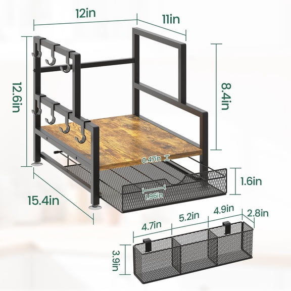 Coffee Bar Station Organizer with K Cup Drawer, Pod Holder Storage Rack with 7 Mug Hooks for Countertop, Wooden Coffee Machine Maker Stand for Home Office, Space-Saving for Coffee Lovers
