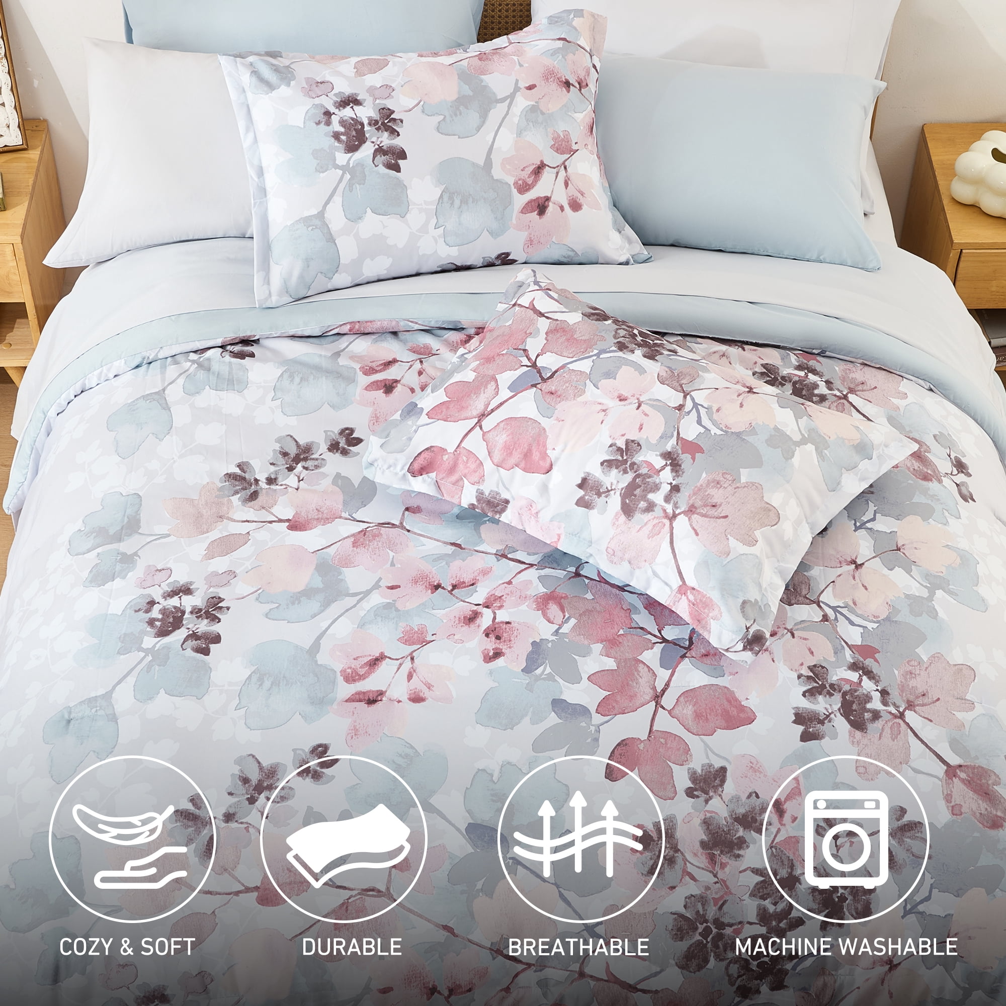 Regency Heights Twin XL Size Comforter Sets, Blush Bed in a Bag Twin XL, Botanical Bedding Comforter Set with Bed Sheets and Side Pockets, 6 Pieces