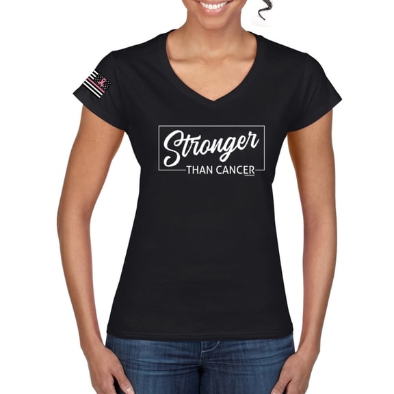 Wild Bobby Stronger than Cancer USA Flag Sleeve Breast Cancer Awareness Women Standard V-Neck Tee, Black, XX-Large