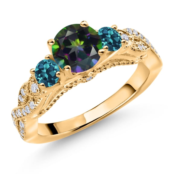 Gem Stone King 18K Yellow Gold Plated Silver Green Mystic Topaz London Blue Topaz and White Moissanite Engagement Ring for Women (1.53 Cttw, Gemstone, Round 6MM and 3MM, Size 9)