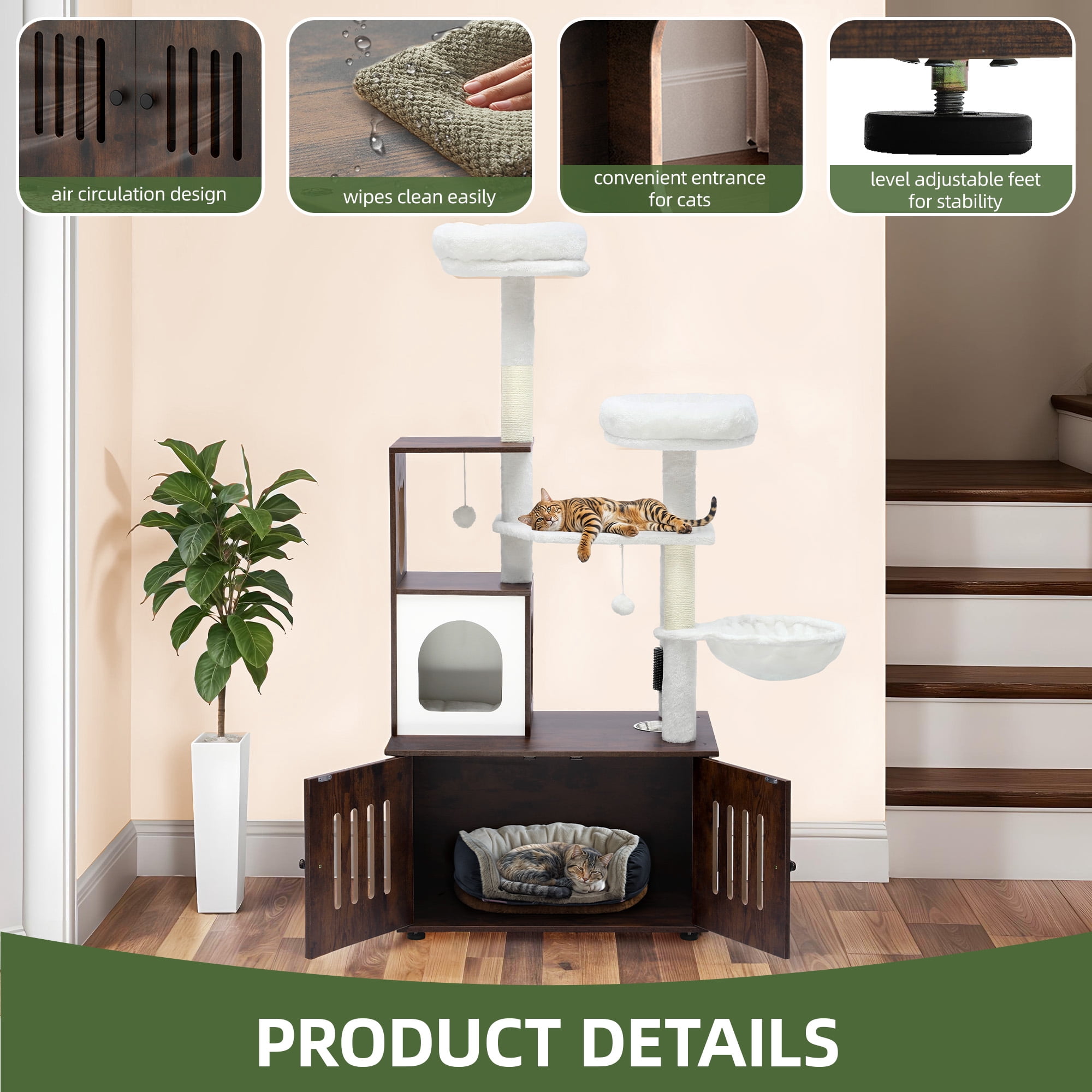 Uforic 2-in-1 Cat Tree with Litter Box Enclosure,59" Modern Cat Condo with Scratching Posts & Hammocks, Rustic Brown