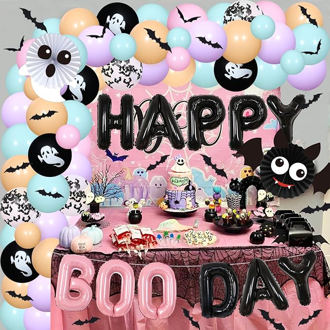 Happy Boo Day Party Decorations Girl, Boo Themed Birthday Party Macaroon Halloween Balloon Garland Arch Kit with Ghost Bat Balloons 3D Bats Wall Stickers for Halloween 1st 2nd 3rd Bday Party Decor