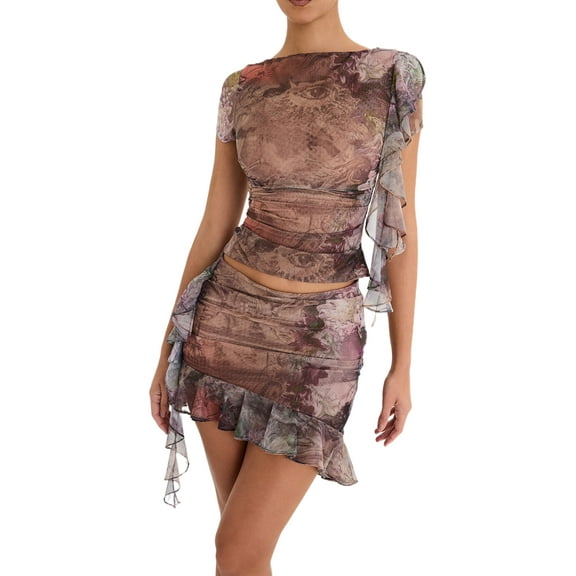 Women Summer 2 Piece Outfits Skirt Set Y2k Short Sleeve Mesh T-Shirts Crop Tops Ruffles Mini Skirts