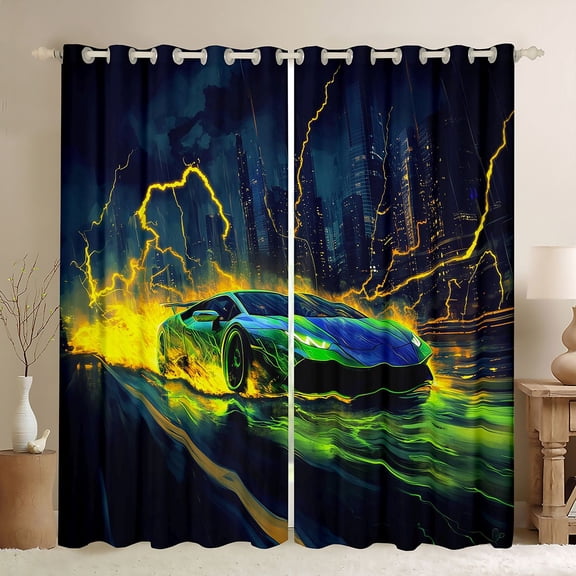 Feelyou Futuristic Sports Car Black Out Curtains, Neon Glowing Lightning Curtains Pack of 2 (42x63 Each), Teens Kids Boys Girls Bedroom Curtains, Black Out Curtains Decor