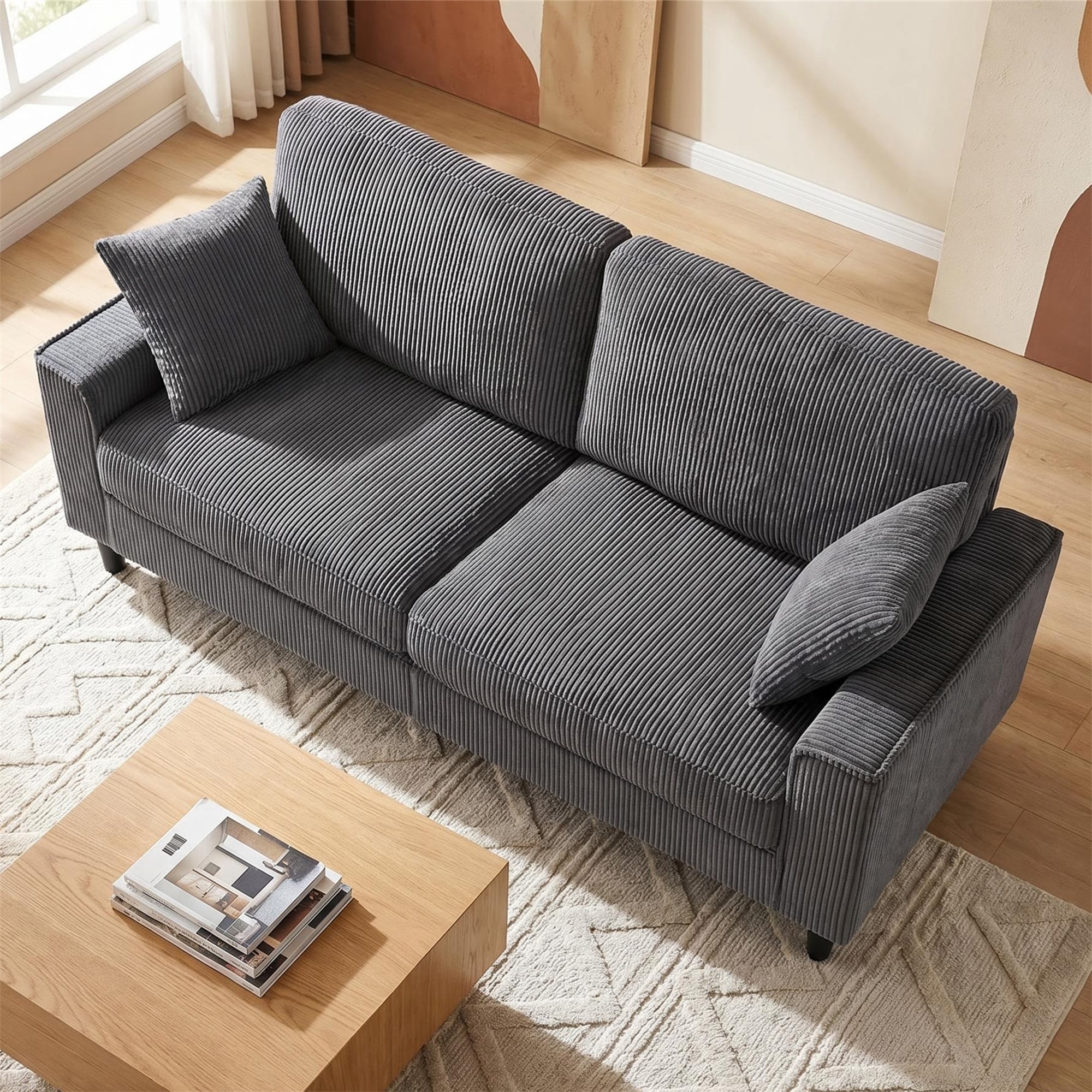 Aukfa 82" Square Arm Sofa 3 Seat Deep Seat Upholstered Couch for Living Room Bedroom, 2 Pillows, Corduroy, Dark Gray