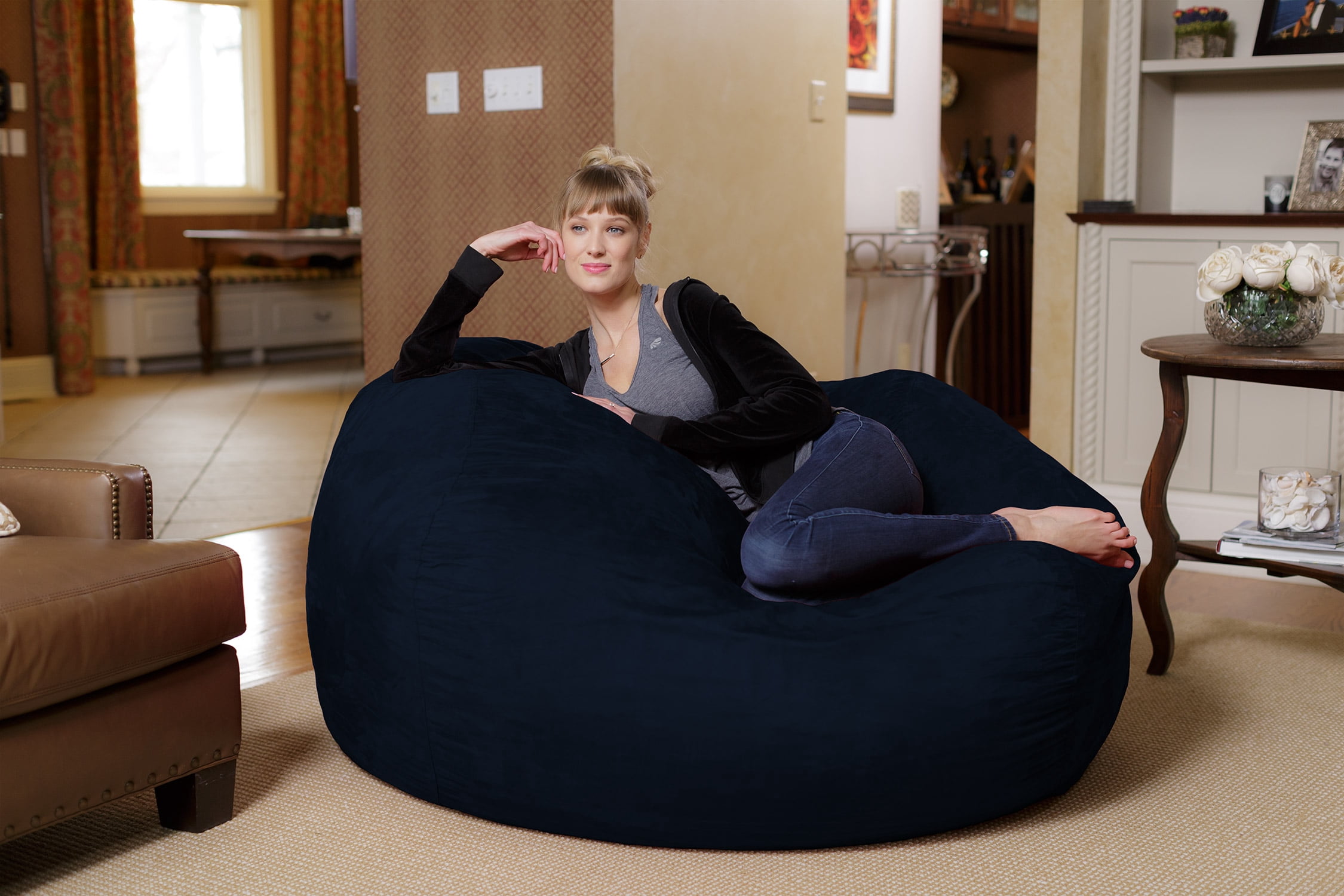 Chill Sack Bean Bag Chair, Memory Foam Lounger with Microsuede Cover, Kids, Adults, 5 ft, Navy