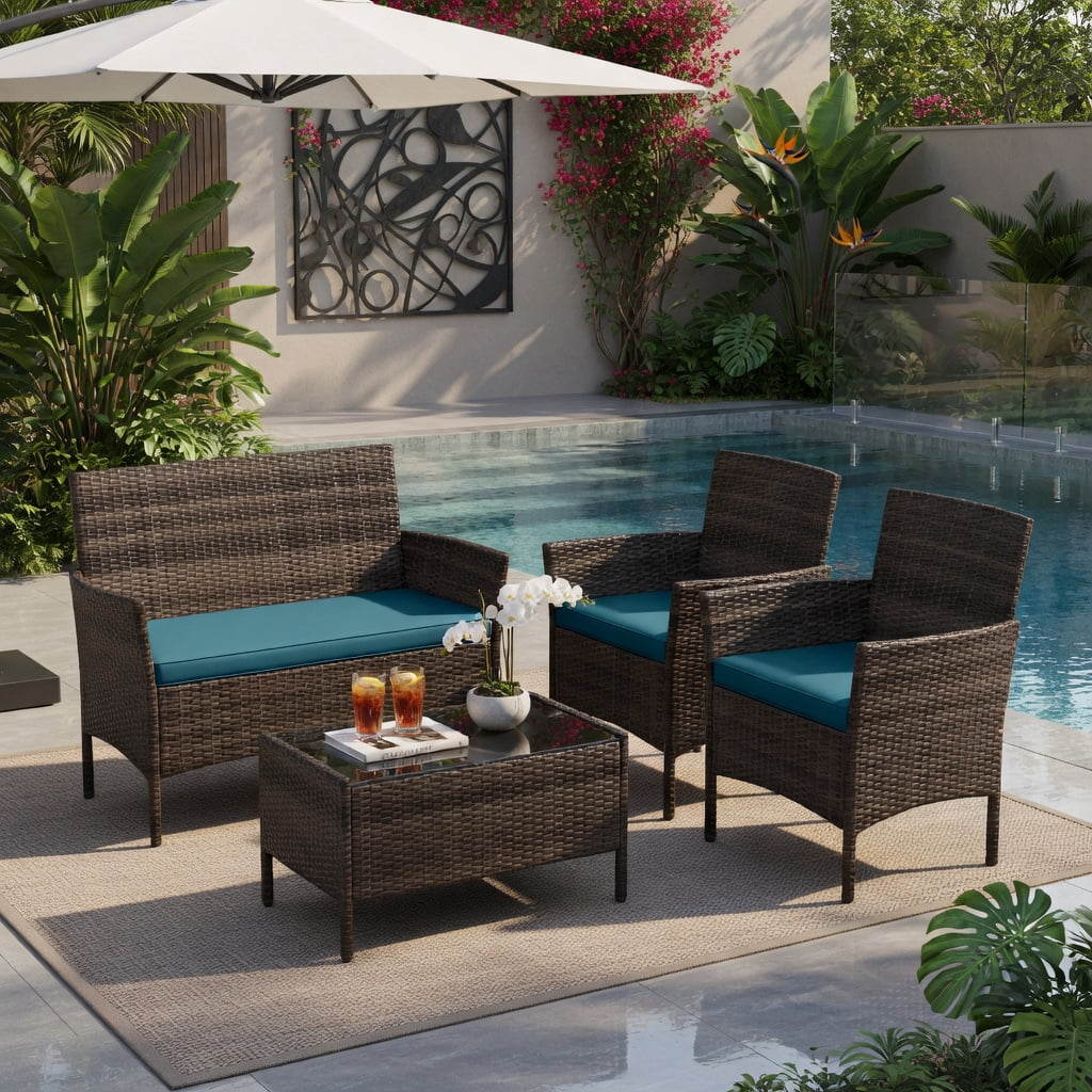 Hommoo 4-Piece Outdoor Rattan Patio Conversation Set with Plush Seat Cushions, PE Wicker, Tempered Glass Coffee Table, Peacock Blue