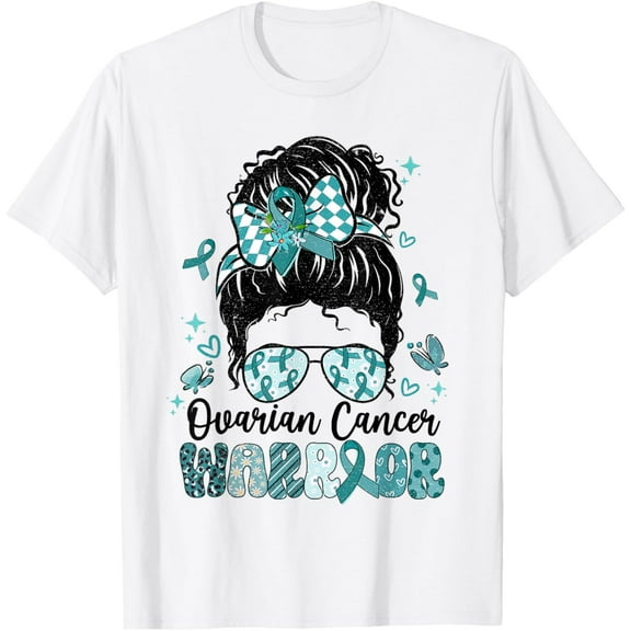 Warrior Messy Bun Teal Ribbon Ovarian Cancer Awareness T-Shirt