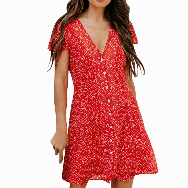 B91xZ Robes Formelles pour Femmes Col en V Profond Manches Courtes à Volants Couleur Unie Mini Robe, Rouge m
