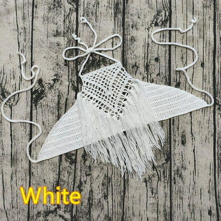BUYISI Women Crochet Bikini Top Triangle Hollow Out Swimsuit Sexy Swimming Bra Swimwear White L