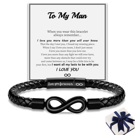 To My Man Infinity Bracelet,Engraved Love You Forever Stainless Steel Infinity Knot Braided Leather Bracelet Husband Gifts from Wife Valentine Birthday(B, 21cm)