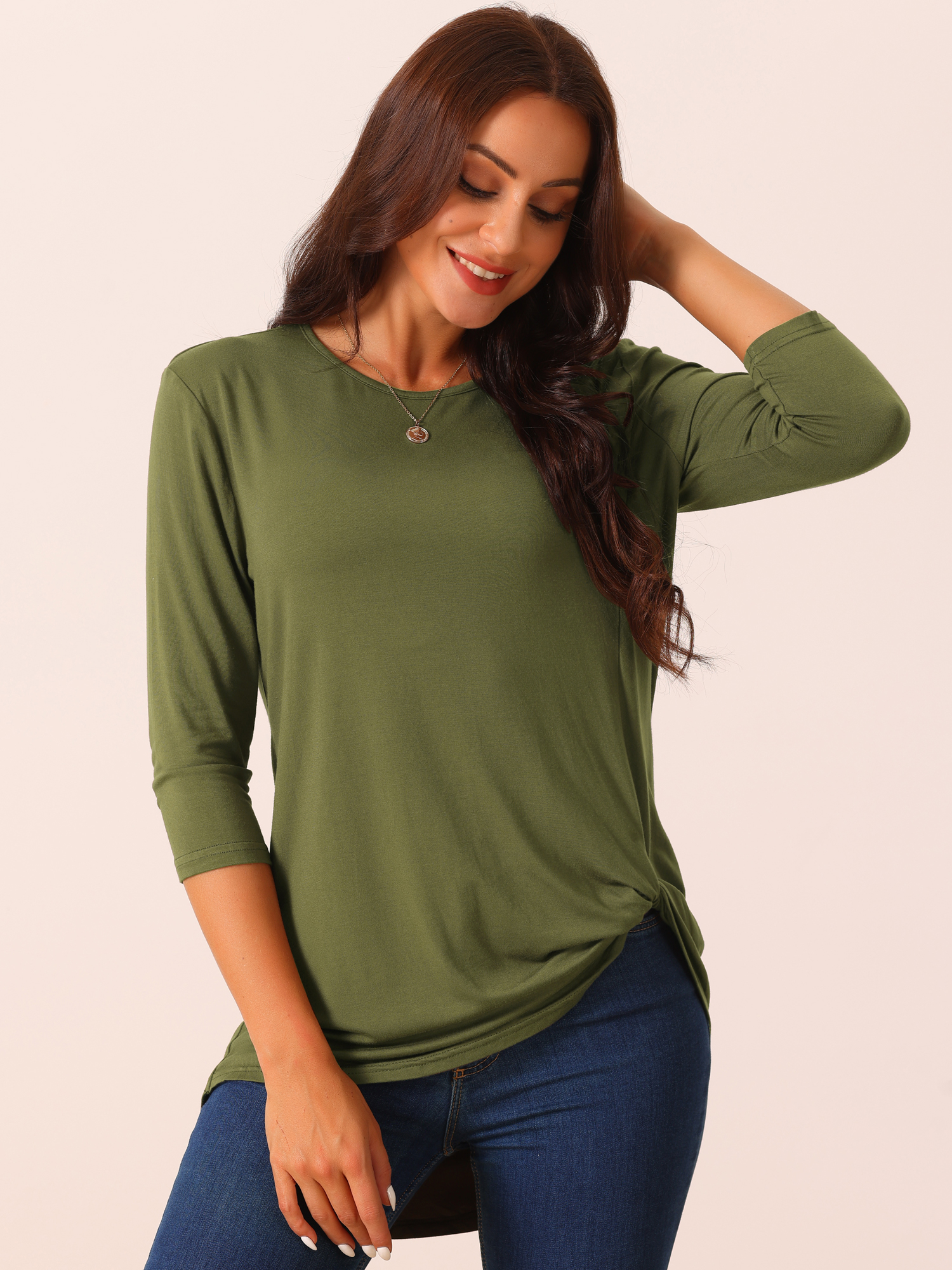 DARING DIVA Women's Tunic Top Crewneck 3/4 Sleeve Asymmetrical Blouse Army Green XL