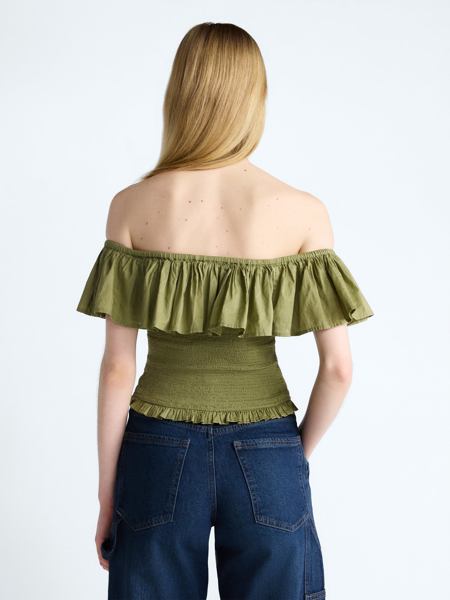 Scoop Women’s and Women’s Plus Off-the-Shoulder Smocked Ruffle Cotton Top, Sizes XS-4X